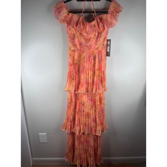 New Theia Beth Pleated Tiered Maxi Evening Gown Dress Peach Size 4 $895 - Picture 4 of 12